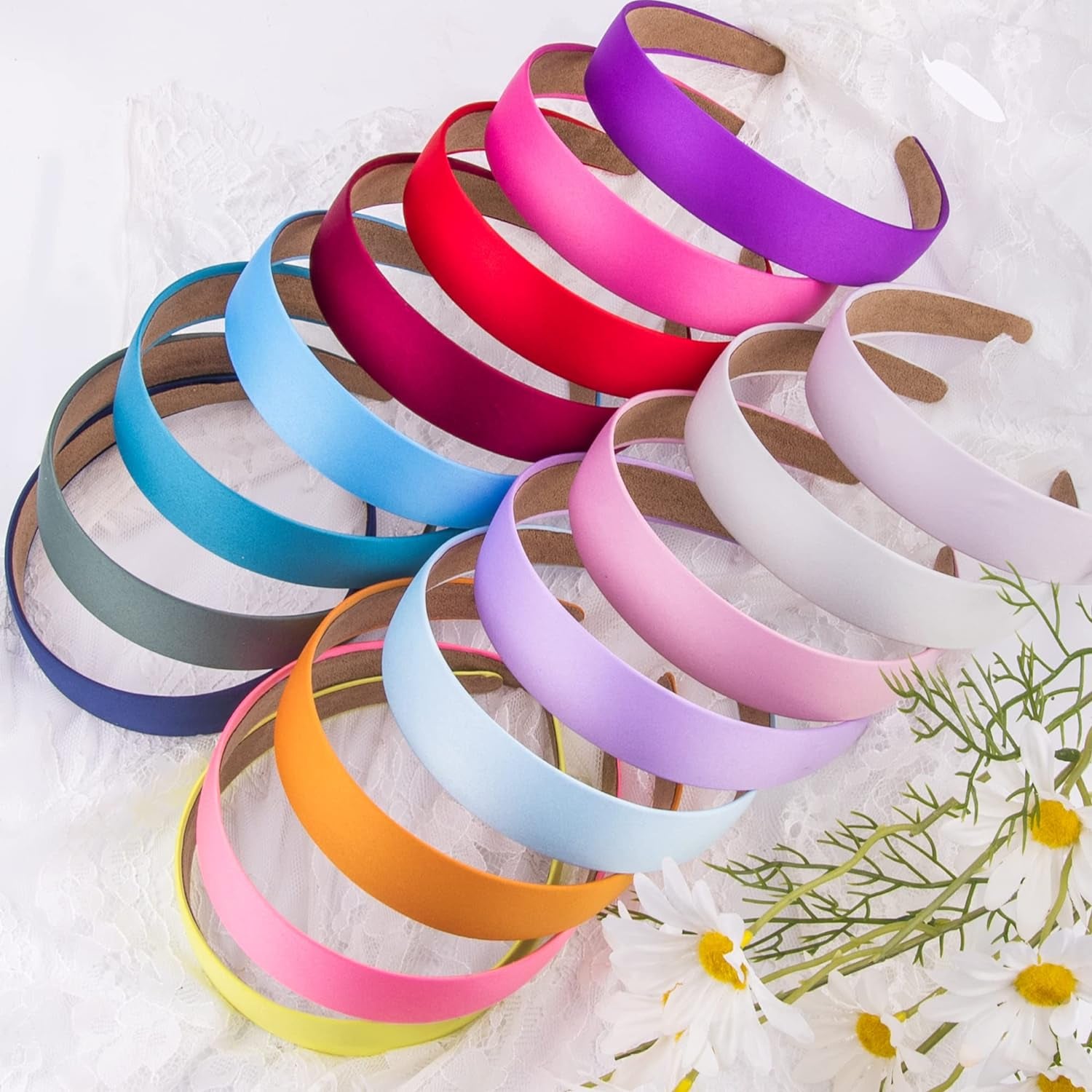 16 Pieces Colorful Satin Hair Accessories - 1 Inch Plastic Covered Headbands for Women and Girls
