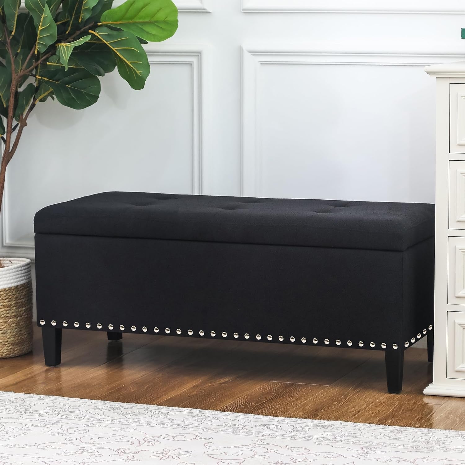 41 Inch Storage Ottoman Bench, Cotton Linen Rectangle Tufted Long Foot Stool for Bedroom, End Foot of Bed, Black