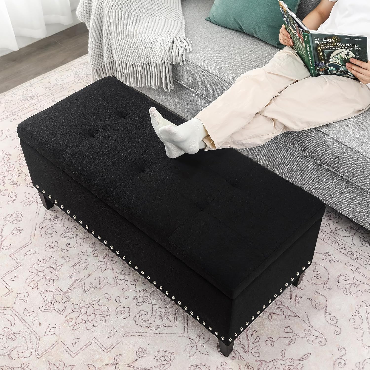 41 Inch Storage Ottoman Bench, Cotton Linen Rectangle Tufted Long Foot Stool for Bedroom, End Foot of Bed, Black